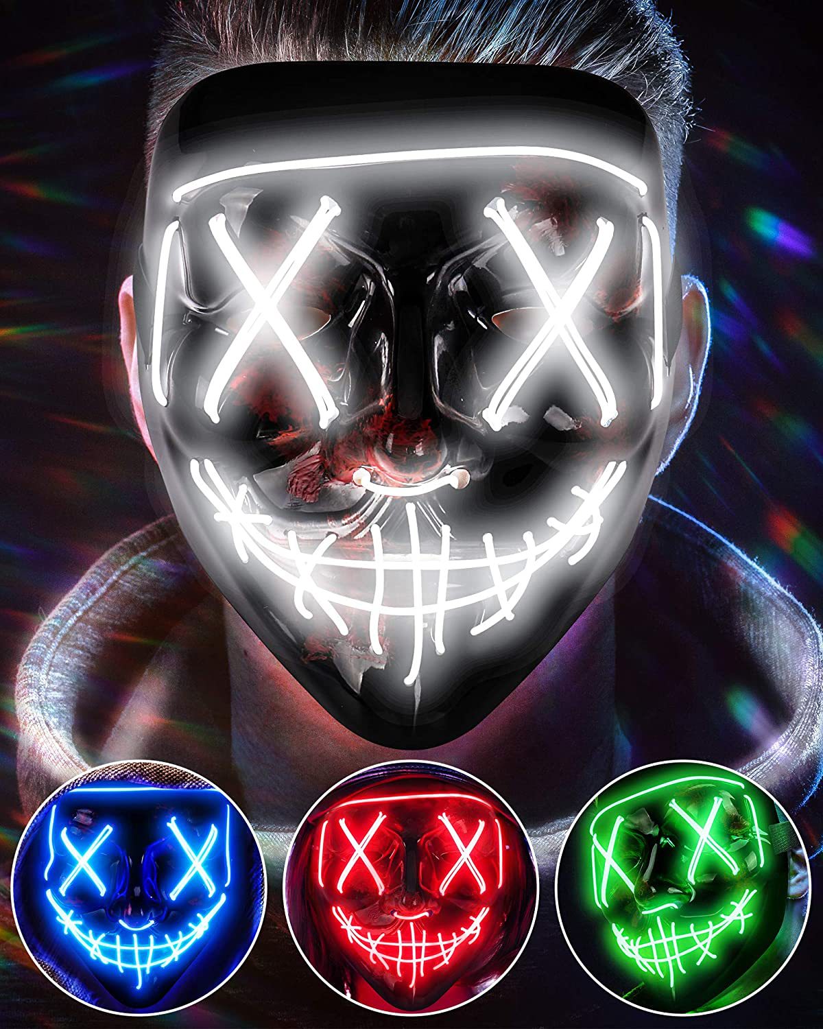 Led Purge Mask Halloween - Máscara de brilho assustador sem fio,